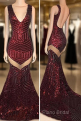 Sexy V-Neck Black Sequined Burgundy Formal Prom Dresses