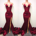 Sexy V-neck Chiffon Mermaid Prom Dress Long With Split Burgundy