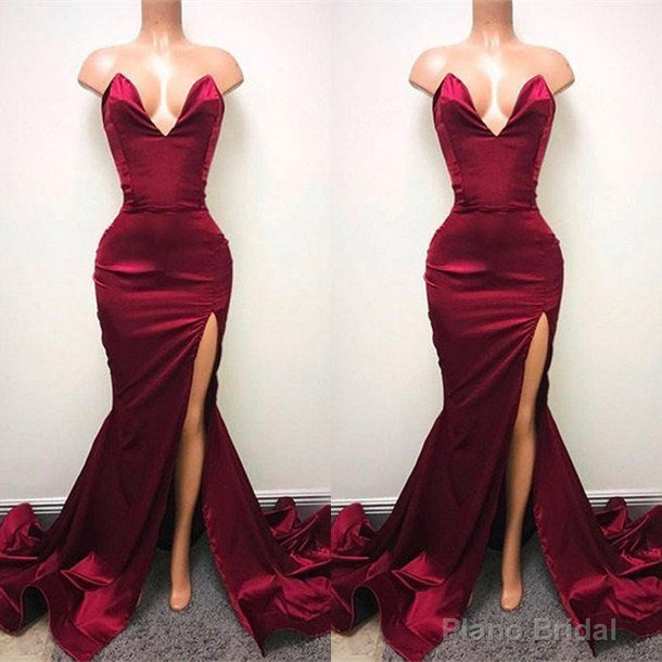 Sexy V-neck Chiffon Mermaid Prom Dress Long With Split Burgundy