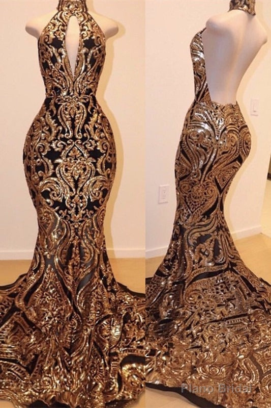 Sexy V-neck Halter Backless Mermaid Prom Dress Gold Sequins Long Backless Main image