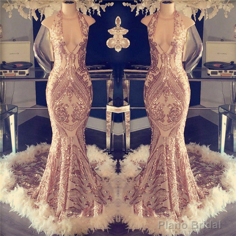 Sexy V-neck Halter Mermaid Prom Dress Gold Sequins Long Backless Secondary image