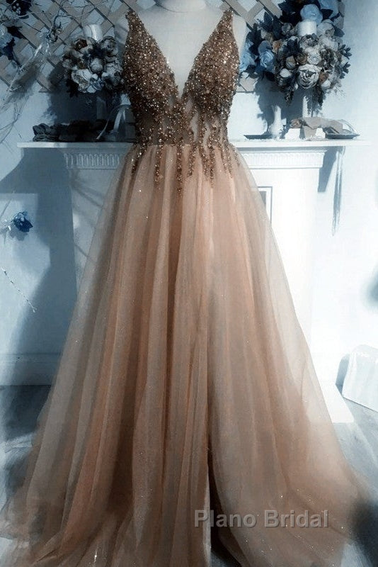 Sexy V Neck Split Tulle Long Beaded Dresses