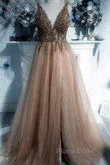 Sexy V Neck Split Tulle Long Beaded Dresses