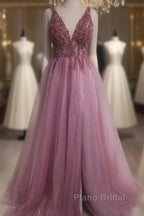 Sexy V Neck Split Tulle Long Beaded Dresses