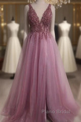 Sexy V Neck Split Tulle Long Beaded Dresses
