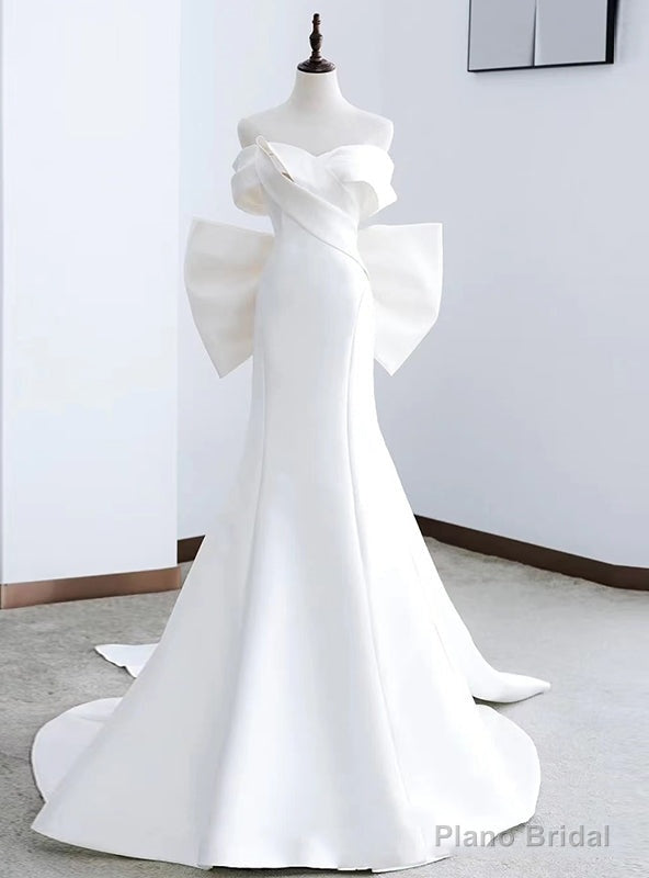 Sexy White Mermaid Off the Shoulder Pleats Wedding Dress With Bow Main image