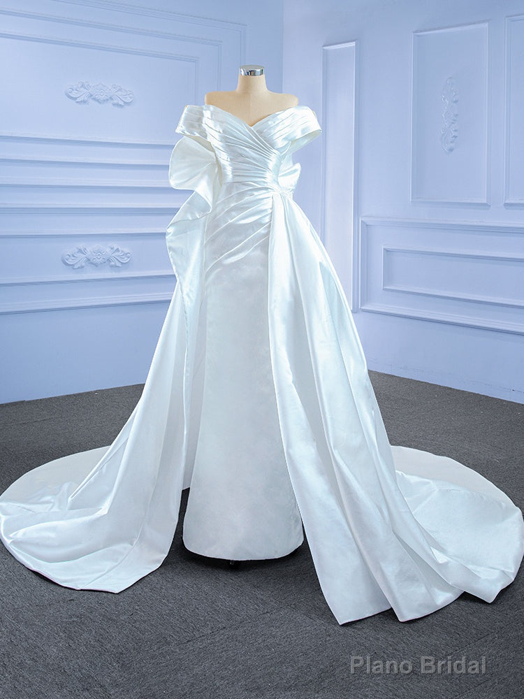 Sexy White Satin Pleats Off the Shoulder Wedding Dress Main image