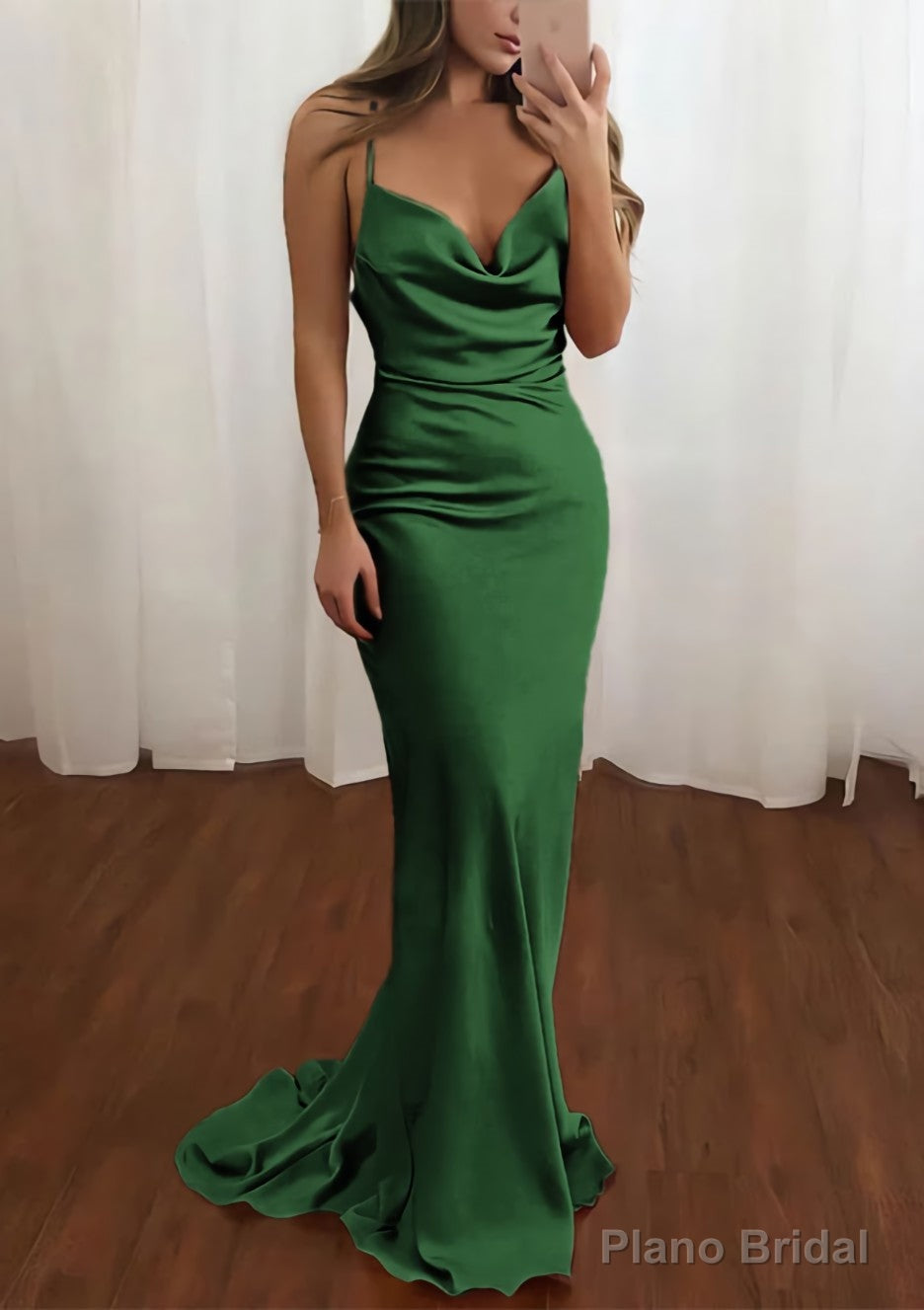 Sheath/Column Cowl Neck Spaghetti Straps Sweep Train Satin Prom Dresses