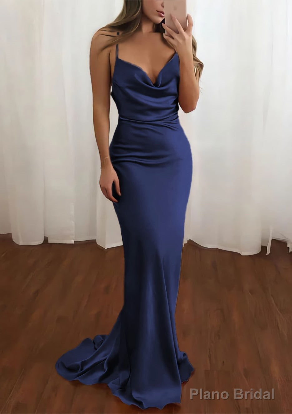 Sheath/Column Cowl Neck Spaghetti Straps Sweep Train Satin Prom Dresses Secondary image
