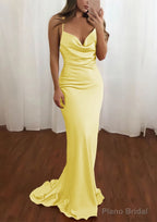 Sheath/Column Cowl Neck Spaghetti Straps Sweep Train Satin Prom Dresses