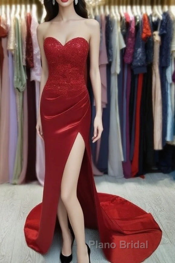 Sheath/Column Elastic Formal Prom Dress Woven Satin Sequin Sweetheart Sleeveless Court Train Dresse Main image