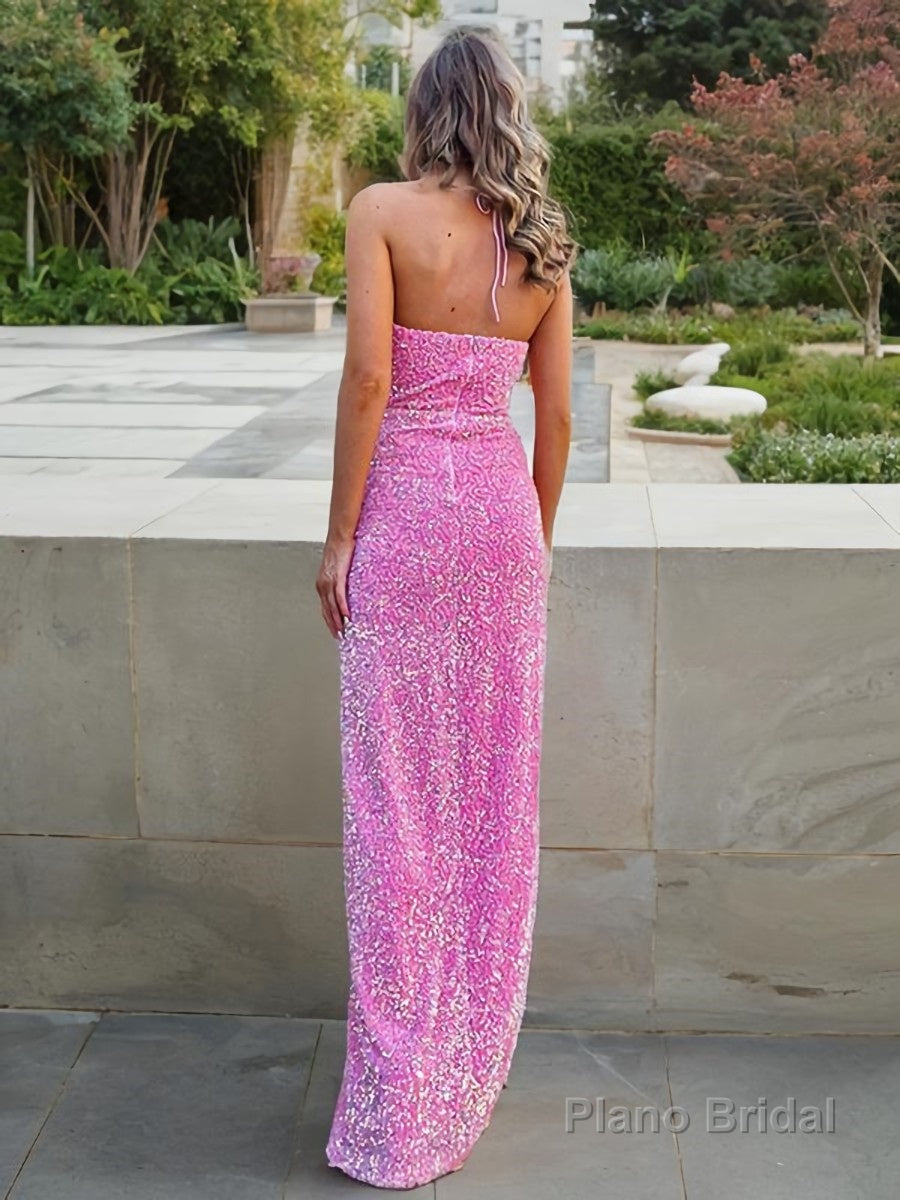 Sheath/Column Halter Floor-Length Velvet Sequins Prom Dresses With Leg Slit Secondary image