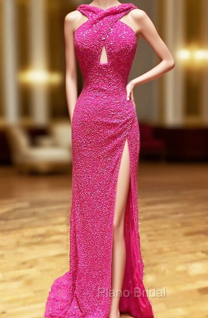 Sheath/Column Halter Sleeveless Court Train Velvet Sequins Formal Prom Dresses With Split