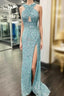 Sheath/Column Halter Sleeveless Sweep Train Velvet Sequins Formal Prom Dresses With Split