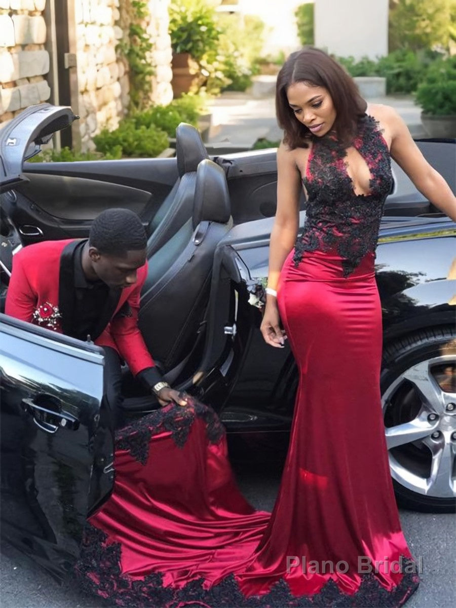 Sheath/Column Jewel Chapel Train Silk like Satin Prom Dresses With Appliques Lace Main image