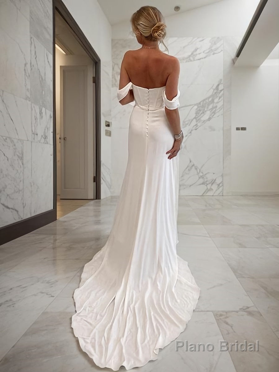 Sheath/Column Off-the-Shoulder Chapel Train Charmeuse Wedding Dresses With Leg Slit Secondary image