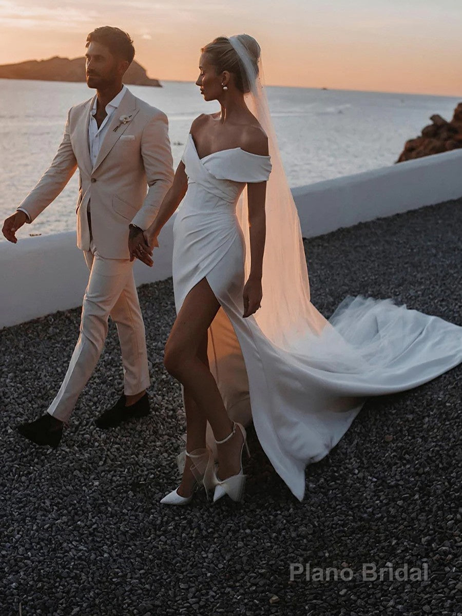 Sheath/Column Off-the-Shoulder Chapel Train Charmeuse Wedding Dresses With Leg Slit Main image