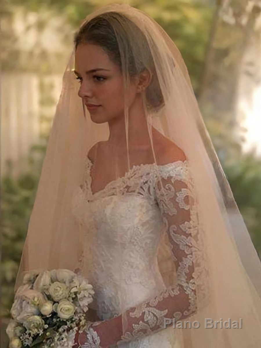 Sheath/Column Off-the-Shoulder Court Train Lace Wedding Dresses With Appliques Lace Secondary image