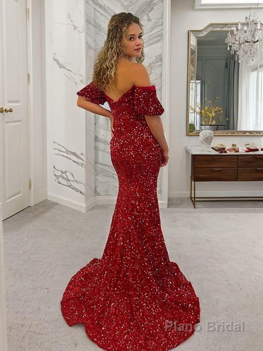 Sheath/Column Off-the-Shoulder Court Train Velvet Sequins Prom Dresses With Leg Slit Secondary image