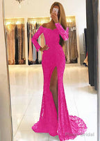Sheath/Column Off-the-Shoulder Full/Long Sleeve Sweep Train Lace Dresses With Split