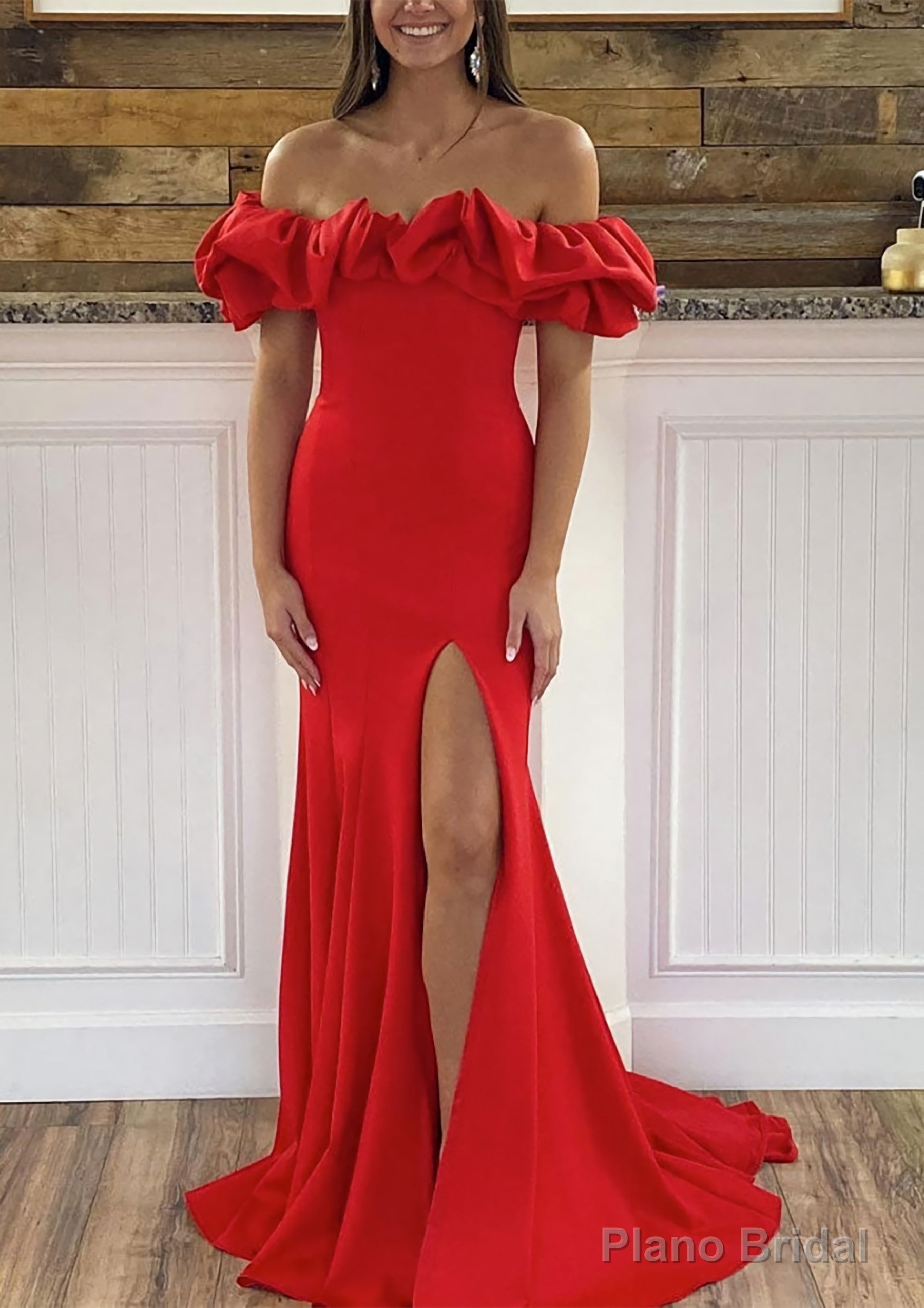 Sheath/Column Off-the-Shoulder Sleeveless Sweep Train Satin Prom Dresses With Ruffles Split Main image