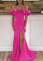 Sheath/Column Off-the-Shoulder Sleeveless Sweep Train Satin Prom Dresses With Ruffles Split