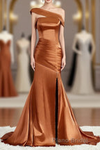 Sheath/Column Off-the-Shoulder Sweep Train Silk like Satin Bridesmaid Dresses with Leg Slit