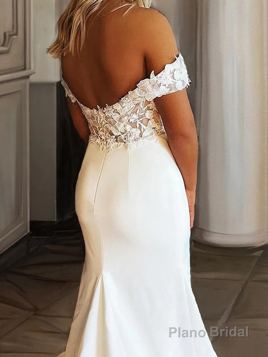 Sheath/Column Off-the-Shoulder Sweep Train Stretch Crepe Wedding Dresses With Appliques Lace Secondary image