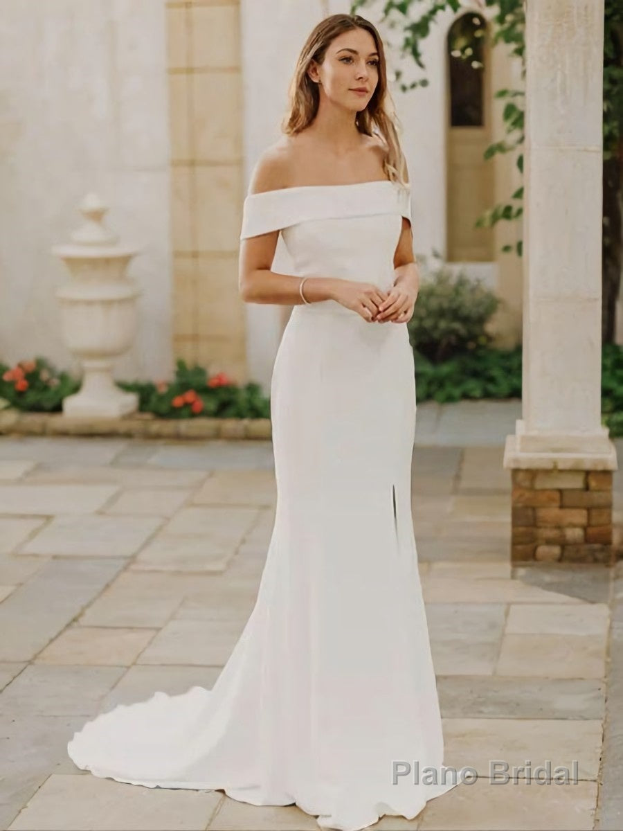 Sheath/Column Off-the-Shoulder Sweep Train Stretch Crepe Wedding Dresses With Leg Slit Main image