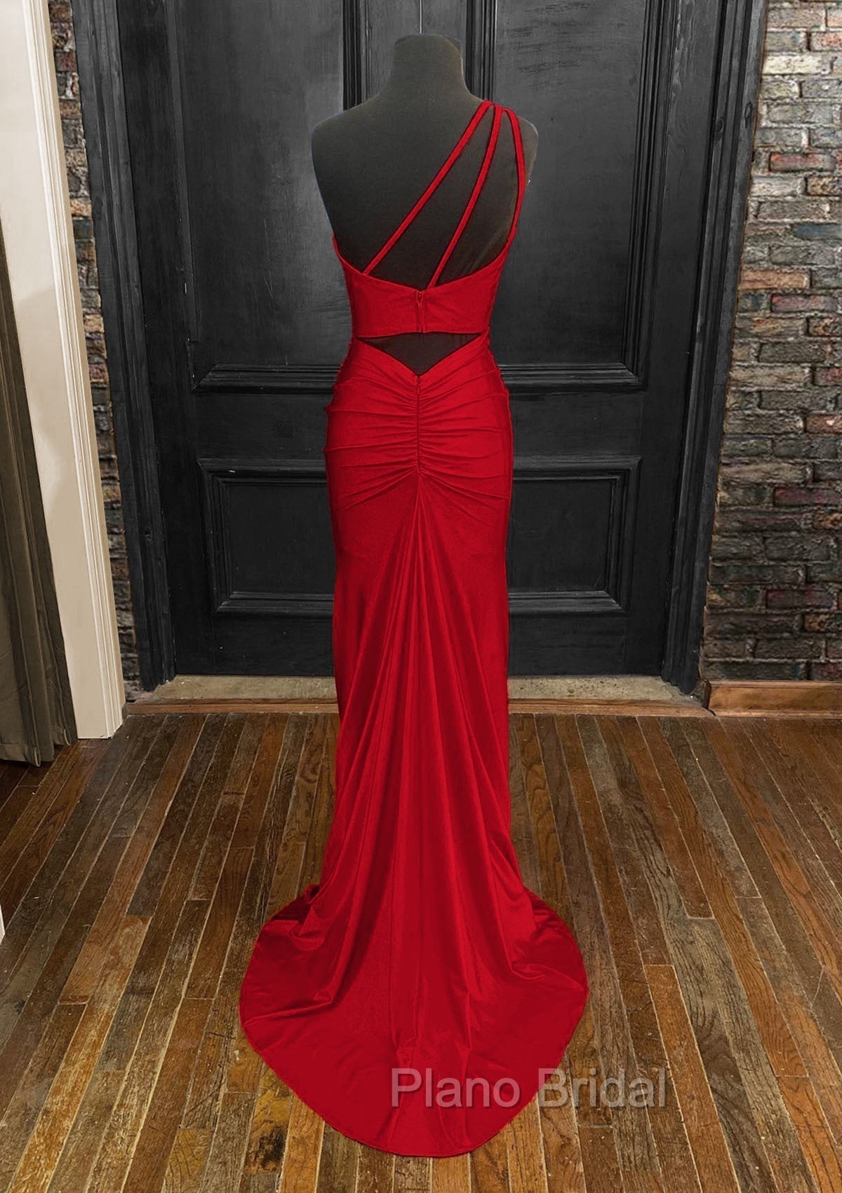 Sheath/Column One-Shoulder Sleeveless Jersey Long/Floor-Length Red Formal Prom Dresses With Pleated Split