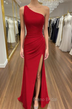Sheath/Column One-Shoulder Sleeveless Jersey Long/Floor-Length Red Formal Prom Dresses With Pleated Split
