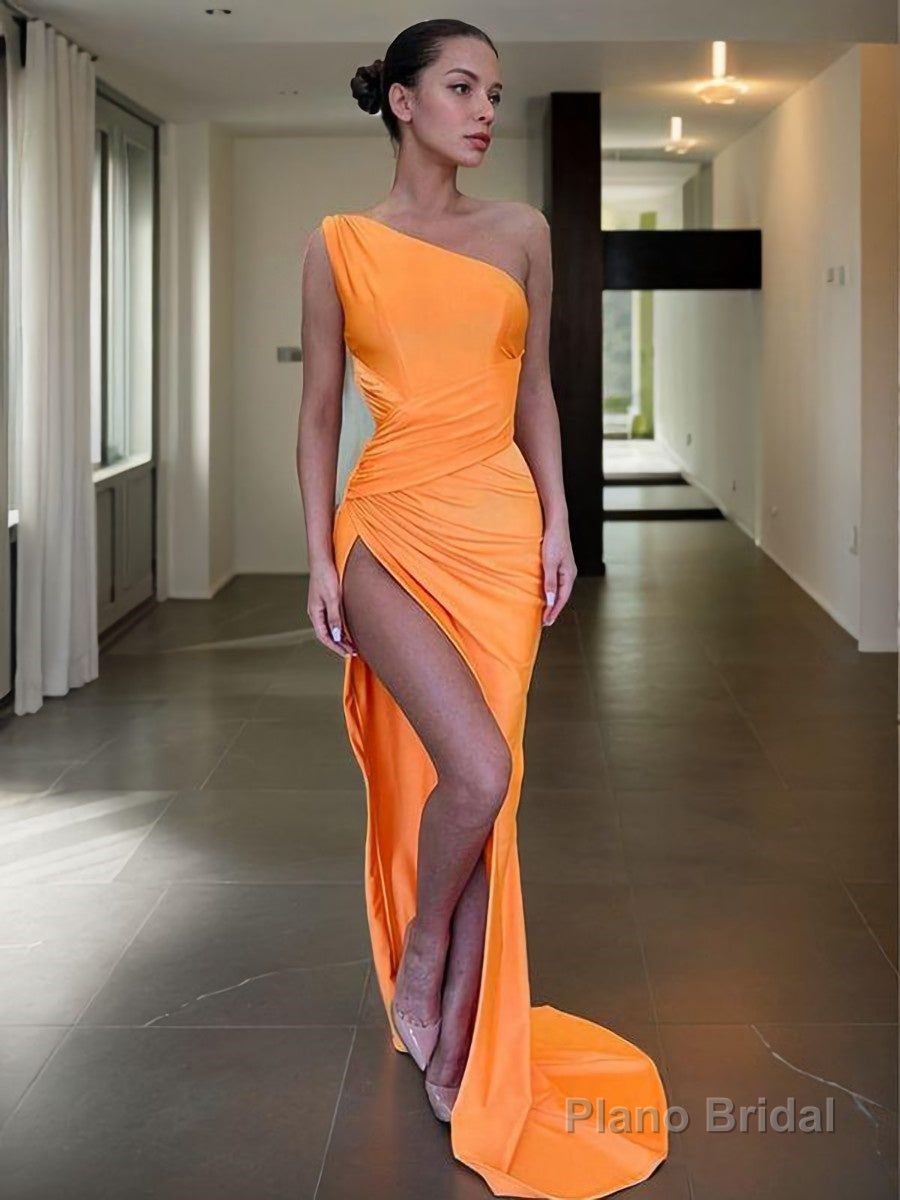 Sheath/Column One-Shoulder Sweep Train Jersey Prom Dresses With Leg Slit Secondary image