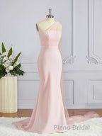Sheath/Column One-Shoulder Sweep Train Stretch Crepe Bridesmaid Dresses