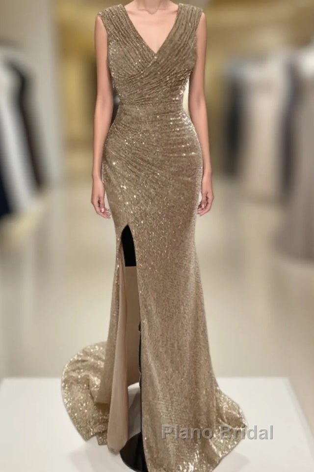 Sheath / Column Formal Prom Dresses Sparkle & Shine Dresses Cocktail Party Sweep / Brush Train Sleeveless V Neck Sequined With Glitter Ruched Slit Main image