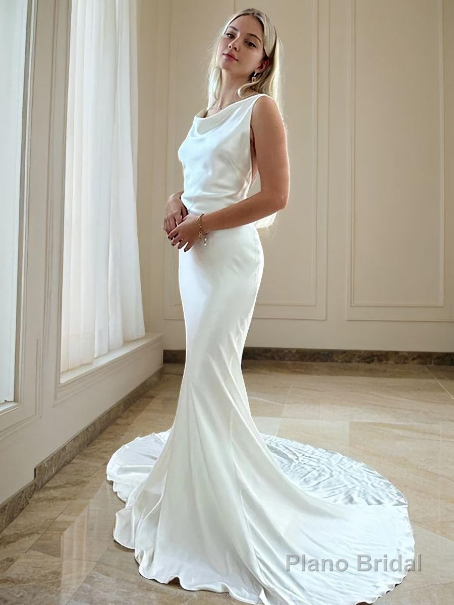 Sheath/Column Scoop Court Train Silk like Satin Wedding Dresses Main image