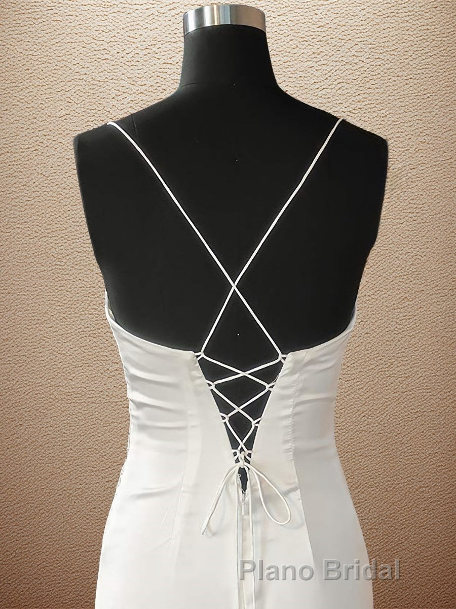 Sheath/Column Spaghetti Straps Sweep Train Elastic Woven Satin Formal Prom Dresses With Leg Slit