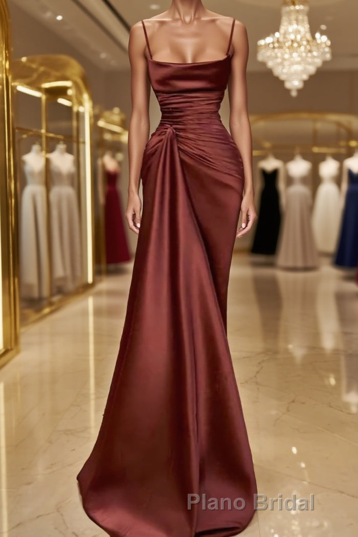 Sheath/Column Spaghetti Straps Floor-Length Elastic Woven Satin Formal Prom Dresses With Ruffles Main image