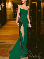 Sheath/Column Strapless Court Train Elastic Woven Satin Prom Dresses With Leg Slit