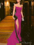 Sheath/Column Strapless Court Train Elastic Woven Satin Prom Dresses With Leg Slit