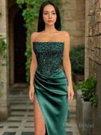 Sheath/Column Strapless Sweep Train Sequins Prom Dresses With Leg Slit