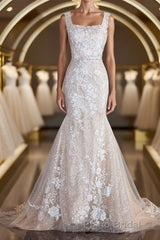 Sheath/Column Straps Sweep Train Lace Wedding Dresses with Appliques Lace