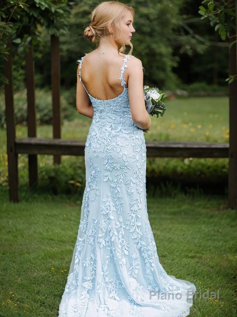 Sheath/Column Straps Sweep Train Tulle Prom Dresses With Leg Slit Secondary image