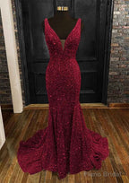Sheath/Column Trumpet/Mermaid V Neck Sleeveless Velvet Sequins Sweep Train Prom Dresses