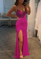 Sheath/Column V Neck Spaghetti Straps Long/Floor-Length Velvet Sequins Prom Dresses With Split