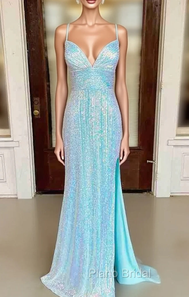 Sheath/Column V Neck Spaghetti Straps Sweep Train Sequined Formal Prom Dresses With Split Main image