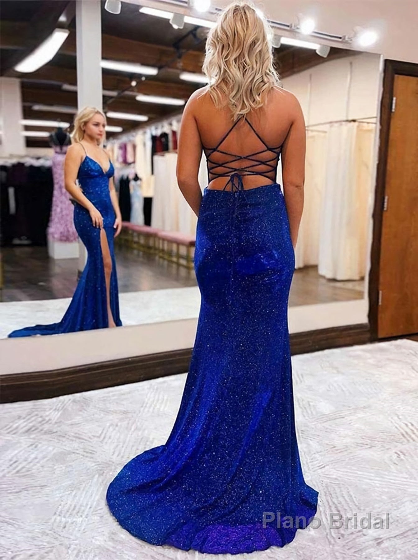 Sheath/Column V-neck Sweep Train Evening Dresses With Leg Slit Secondary image