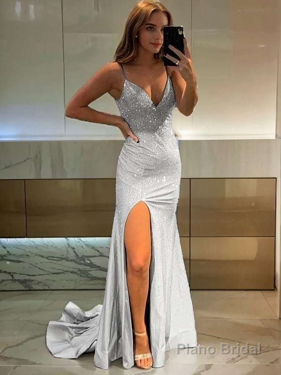 Sheath/Column V-neck Sweep Train Jersey Prom Dresses With Leg Slit Main image