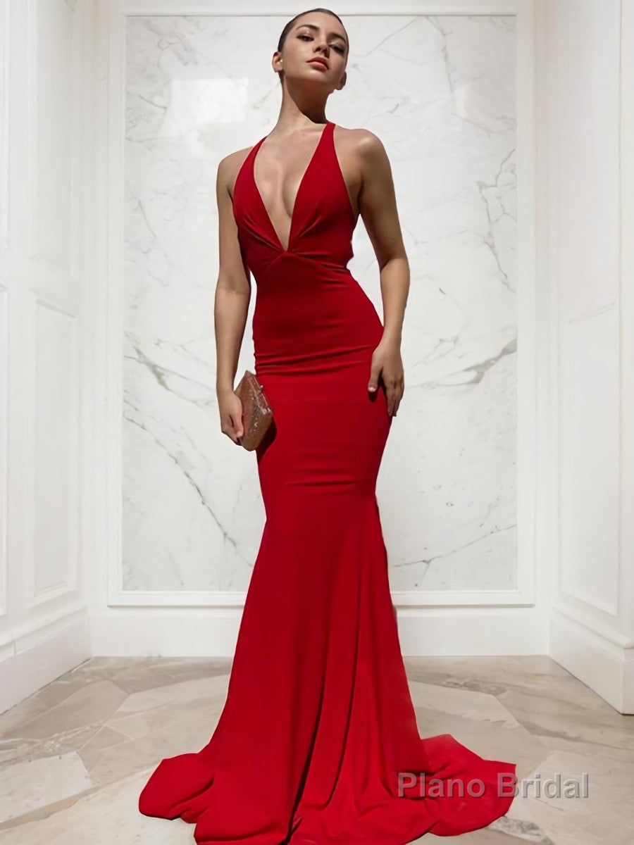 Sheath/Column V-neck Sweep Train Jersey Prom Dresses With Ruffles