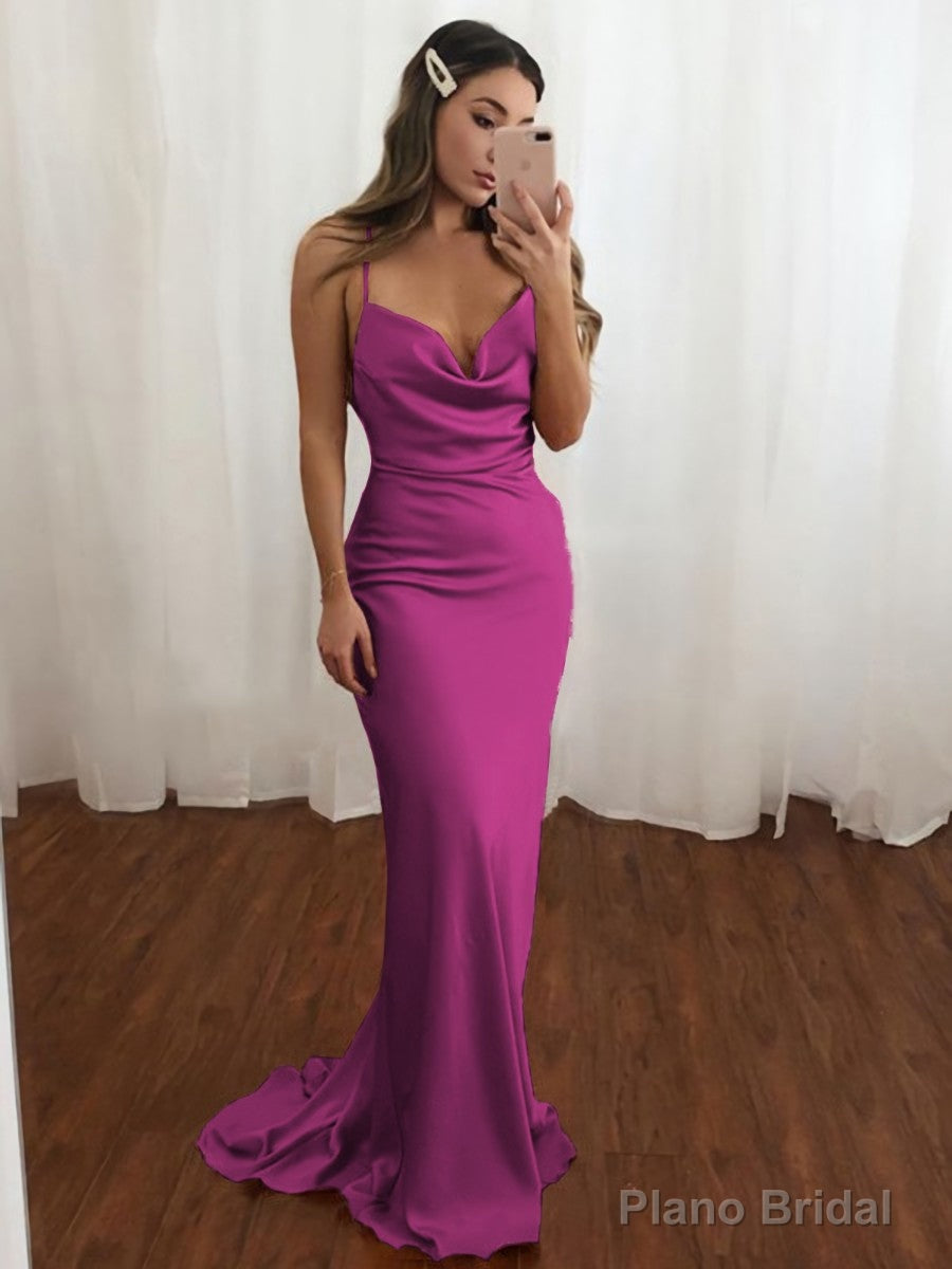 Sheath/Column V-neck Sweep Train NS Elastic Woven Satin Prom Dresses