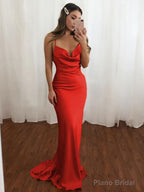 Sheath/Column V-neck Sweep Train NS Elastic Woven Satin Prom Dresses